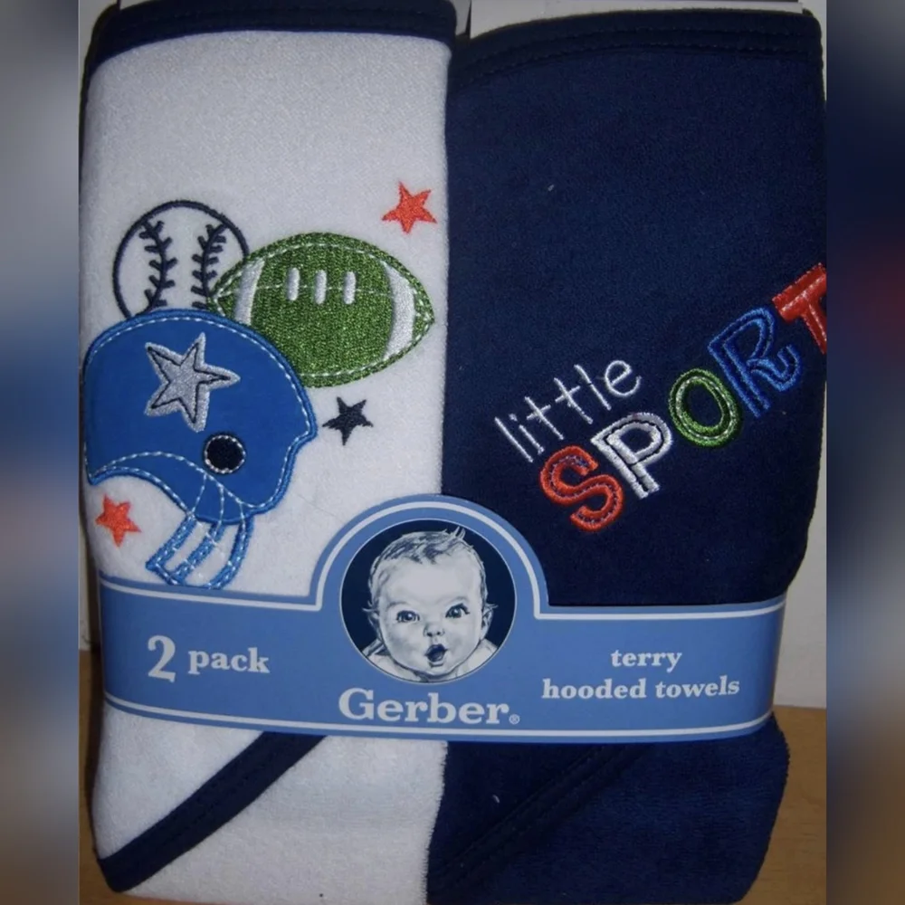 New Gerber 2-Pack Terry Hooded Towels – Little Sport Football Baseball Design